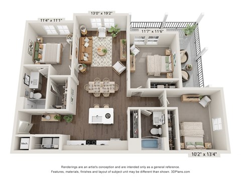 Floor plan for 3 beds, 2 baths, 1220 sqft